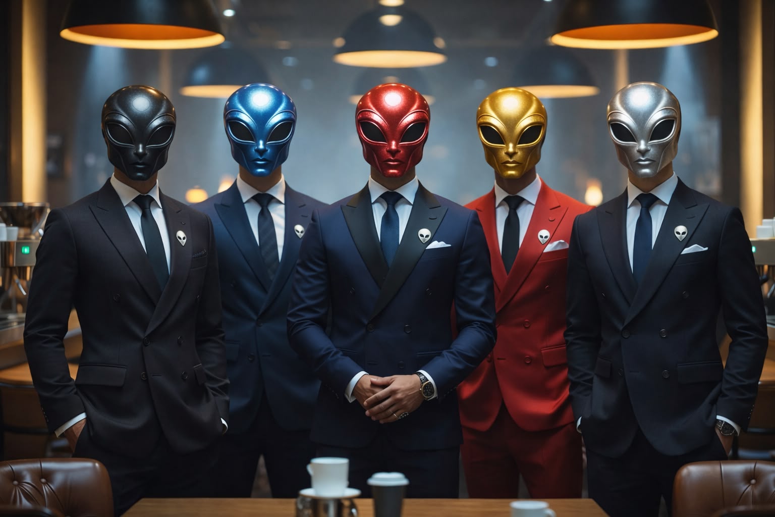 The five Grays Gang members in suits and masks